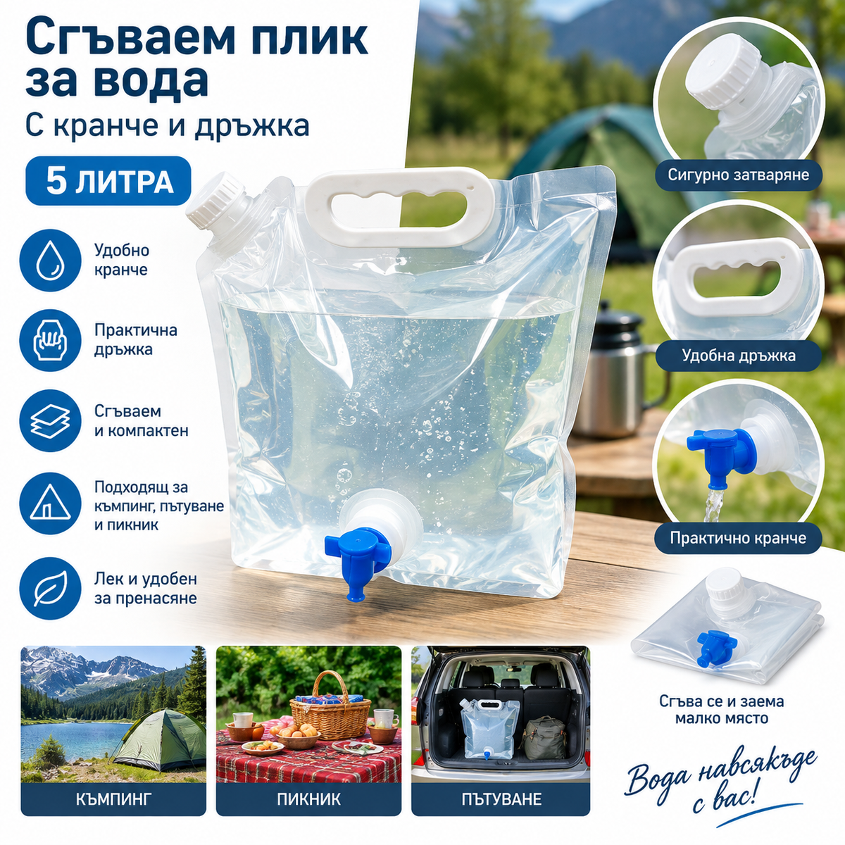 Сгъваем плик за вода с кранче и дръжка – 5 литра