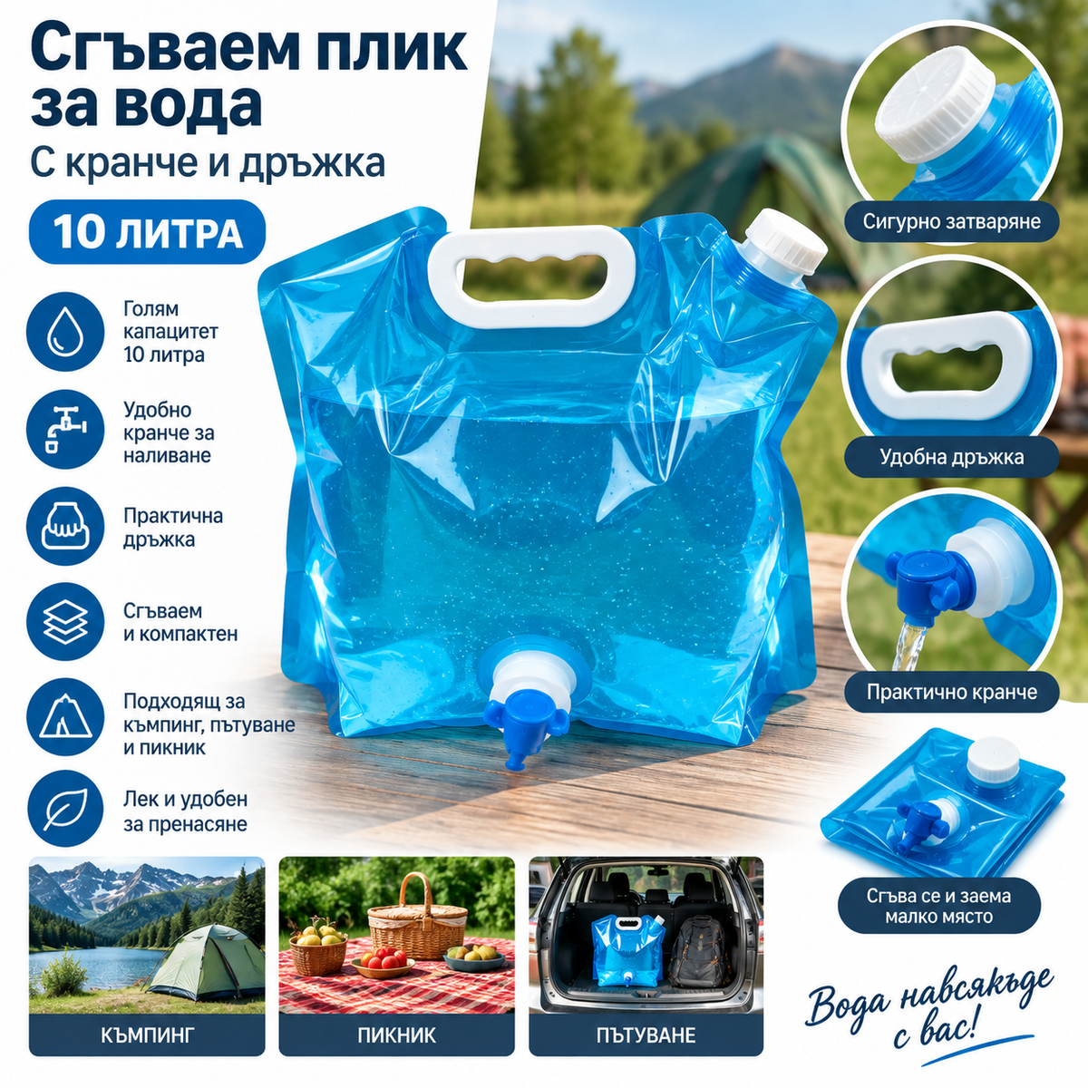 Сгъваем плик за вода с кранче и дръжка - 10 литра