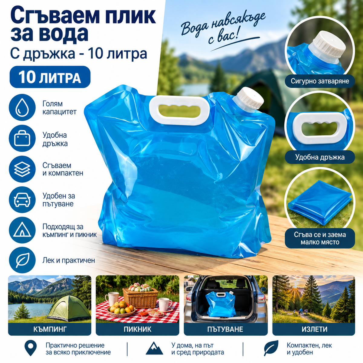 Преносим сгъваем плик за вода – 10 л